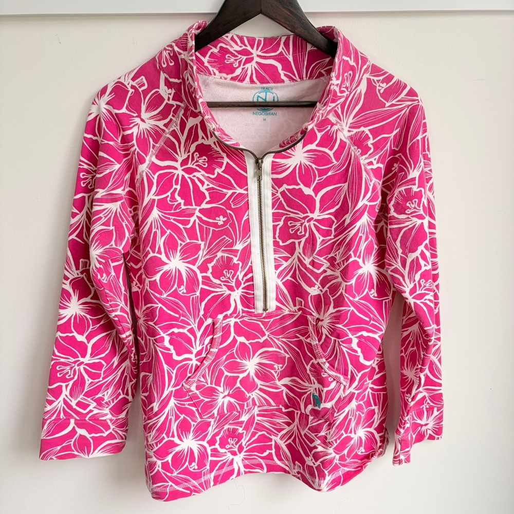 Tracy Negoshian Pullover Medium Preppy Pink Hibiscus Quarter Zip Sweatshirt